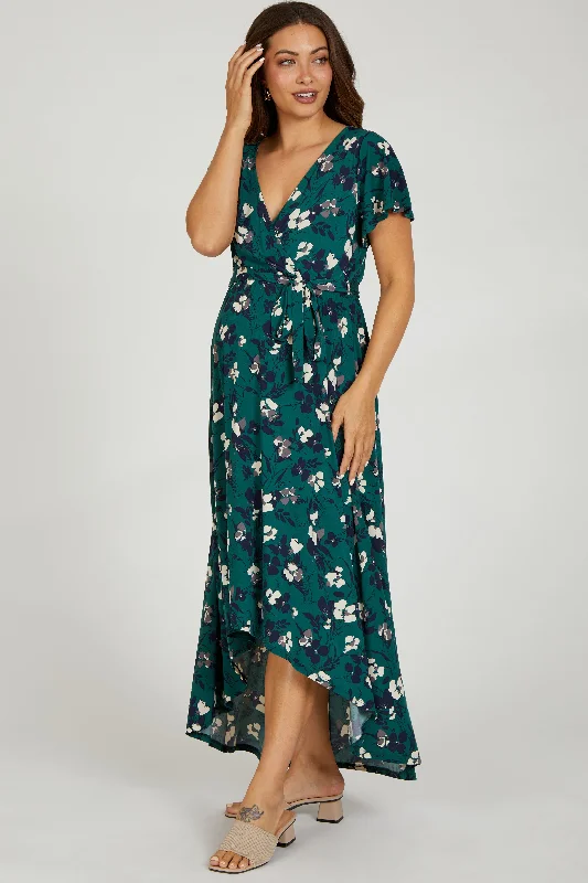 hand wash only women nursing braForest Green Floral Wrap Front V-Neck Hi-Low Maternity Midi Dress hand wash only women nursing braForest Green Floral Wrap Front V-Neck Hi-Low Maternity Midi Dress