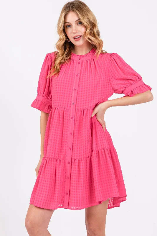 postpartum women nursing braFuchsia Buttoned Down Short Sleeve Dress