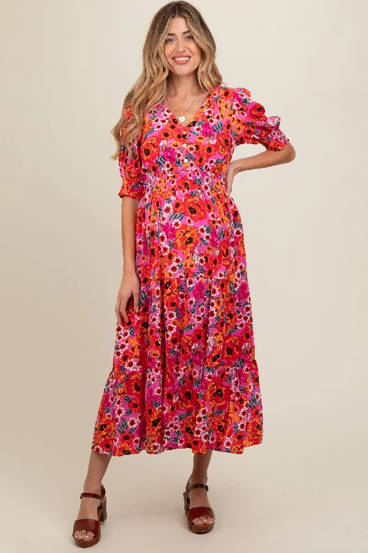 wireless women nursing bra for a natural feelFuchsia Floral Button Front Smocked Waist Tiered Maternity Midi Dress