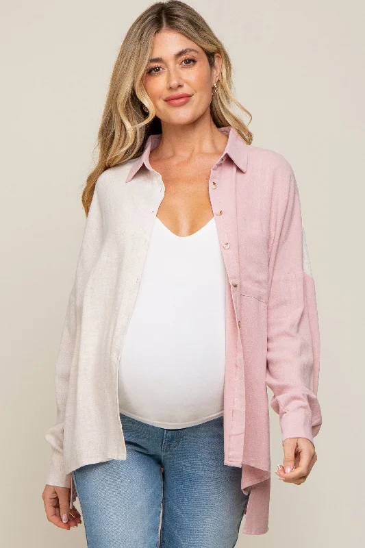 nursing bra for twins momsLight Pink Color Block Button Up Linen Maternity Top