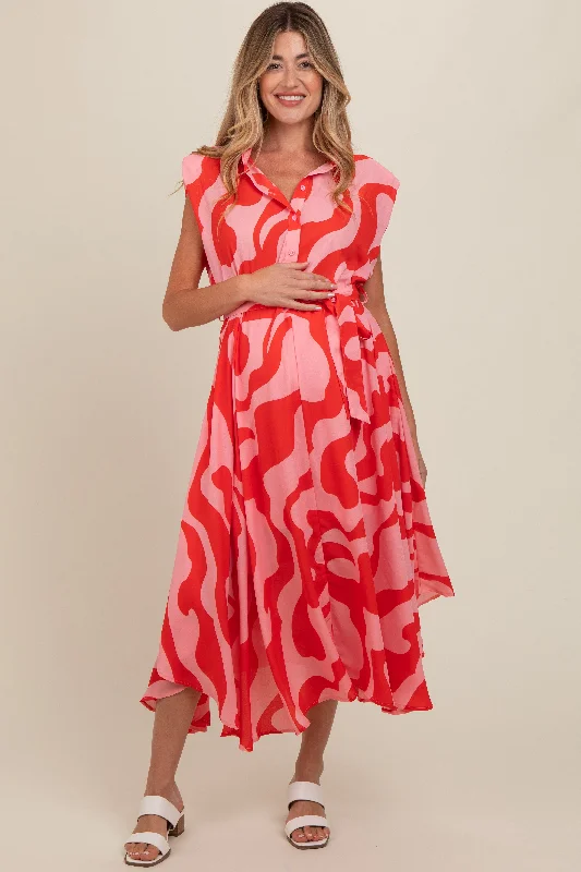 highly rated women nursing braRed Abstract Print Collared Belted Maternity Dress