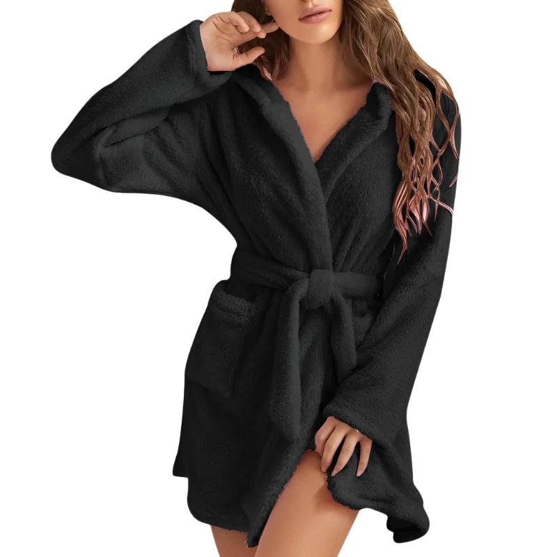 Velvet Black Solid Hooded Robe