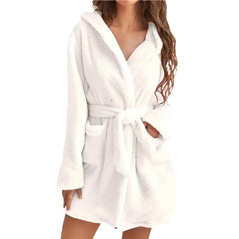 Velvet Creamy-White Solid Hooded Robe