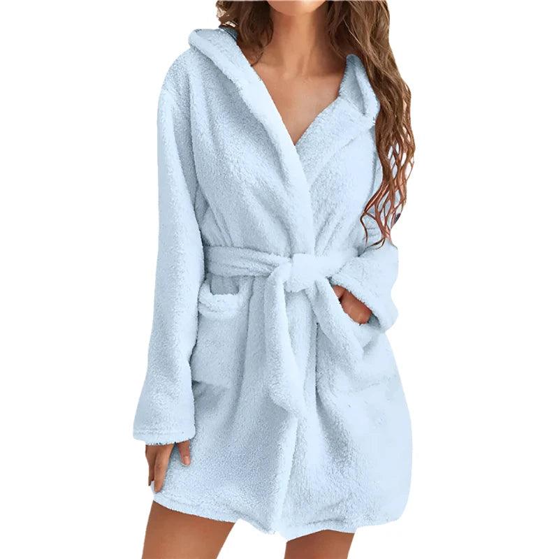 Velvet Skyblue Solid Hooded Robe