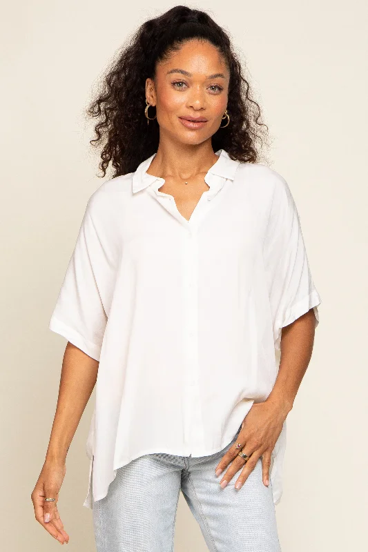 travel friendly women nursing braWhite Button Up Dolman Short Sleeve Top