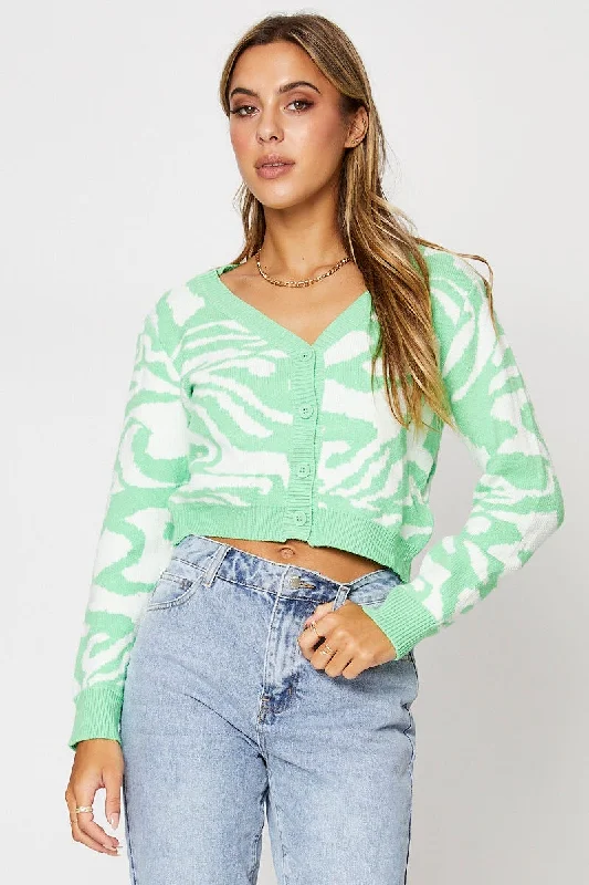 Abstract Print Knit Cardigan Long Sleeve Crop V-Neck