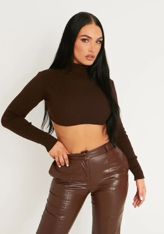 machine washable women cardigan for easy careAgnese Chocolate Super Crop Roll Neck Knitted Jumper machine washable women cardigan for easy careAgnese Chocolate Super Crop Roll Neck Knitted Jumper