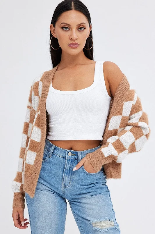 ribbed women cardigan with a classic textureBeige Check Oversized Cardigan