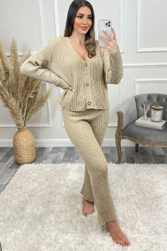 Nisha Beige Knitted Button Up Cardigan and Leggings Loungewear Set