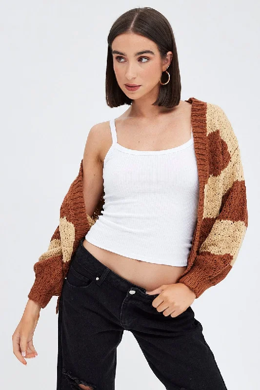 button down women cardigan with vintage buttonsBeige Stripe Oversized Crop Cardigan