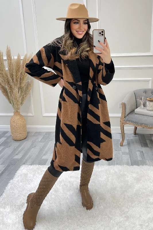 Black and Camel Dogtooth Knitted Longline Coat