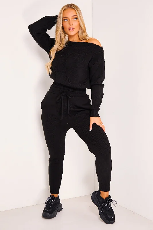 Black Bardot Relaxed Knitted Loungewear Set