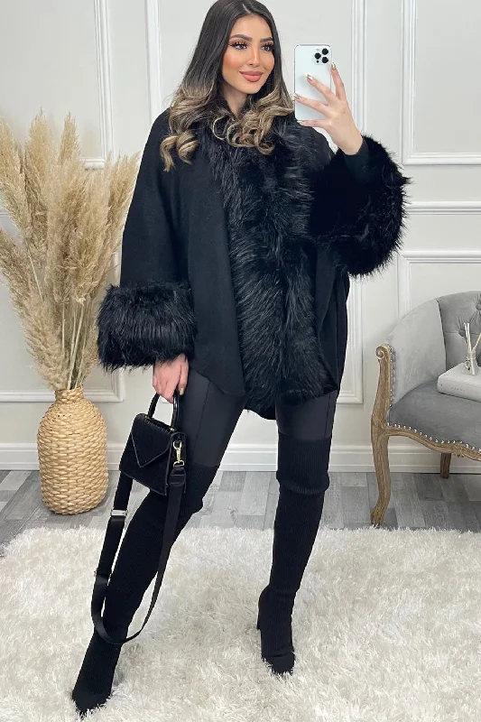 Black Faux Fur Trim Knitted Cape