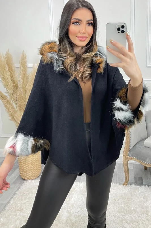 Aubre Black Multi Faux Fur Trim Hooded Knitted Cape