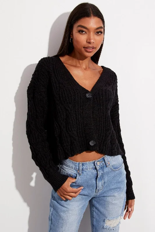 lightweight women cardigan for spring and fallBlack Oversized Cable Knit Cardigan