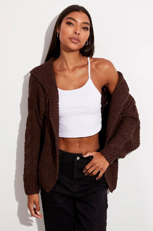maternity women cardigan for expecting momsBrown Hooded Cable Knit Cardigan