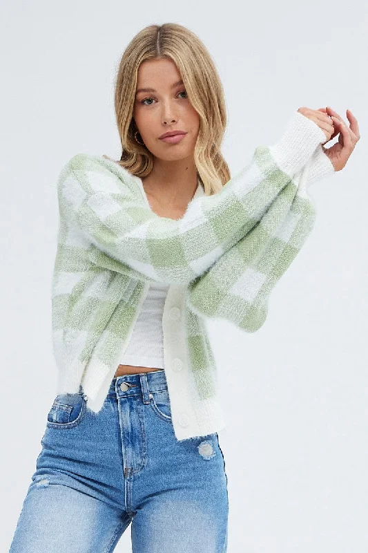 color block women cardigan with bold huesGreen Check Crop Knit Cardigan Check