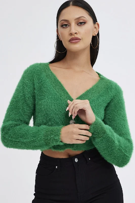 long length women cardigan with side slitsGreen Fluffy Cardigan