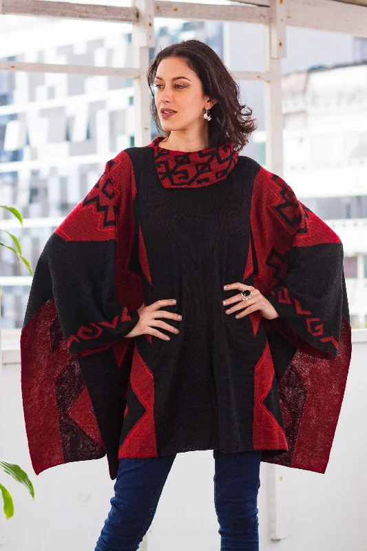 sequin embellished women cardigan for special occasionsInca Claret Knit Alpaca Blend Red and Black Poncho sequin embellished women cardigan for special occasionsInca Claret Knit Alpaca Blend Red and Black Poncho