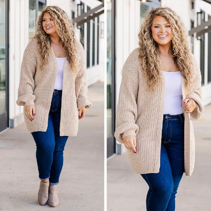 hand knitted women cardigan with artisanal charmLove Quotes Cardigan, Tan