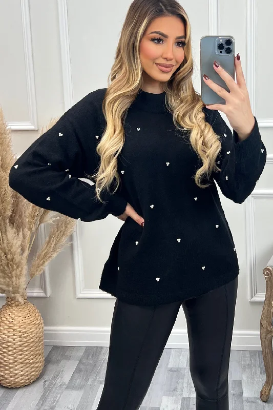 machine washable women cardigan for easy careNala Black Embellished High Neck Knit Jumper machine washable women cardigan for easy careNala Black Embellished High Neck Knit Jumper