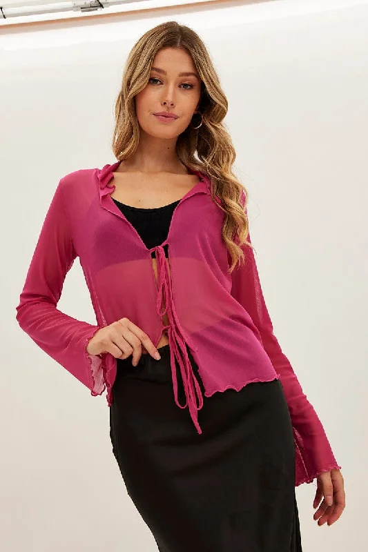 open front women cardigan for easy stylingPink Mesh Cardigan Long Sleeve