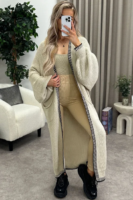 cashmere blend women cardigan for a luxurious feelRachelle Beige Contrast Trim Balloon Sleeve Maxi Knitted Cardigan cashmere blend women cardigan for a luxurious feelRachelle Beige Contrast Trim Balloon Sleeve Maxi Knitted Cardigan