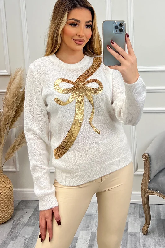 cropped women cardigan to pair with high - waisted jeansRihanna Cream Sequin Bow Christmas Knitted Jumper cropped women cardigan to pair with high - waisted jeansRihanna Cream Sequin Bow Christmas Knitted Jumper