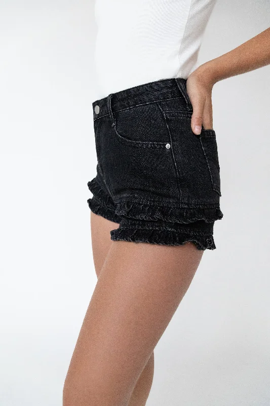 cable knit women cardigan with intricate patternsRUFFLE DENIM SHORT