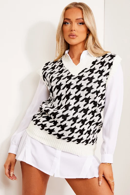 cable knit women cardigan with intricate patternsBriony White and Black Houndstooth V Neck Knit Vest Top cable knit women cardigan with intricate patternsBriony White and Black Houndstooth V Neck Knit Vest Top