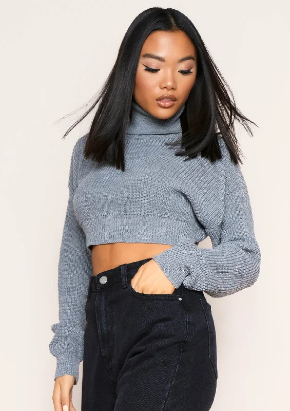 open front women cardigan for easy stylingZaralena Grey Knitted Roll Neck Cropped Jumper open front women cardigan for easy stylingZaralena Grey Knitted Roll Neck Cropped Jumper