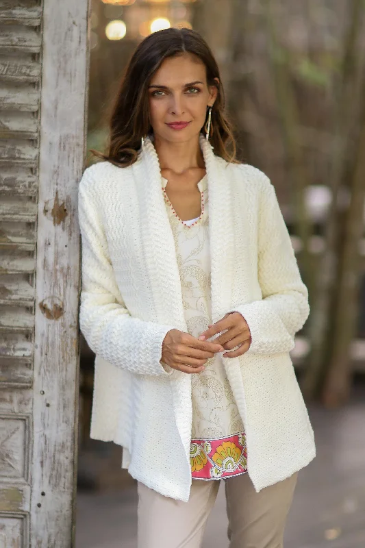 hand knitted women cardigan with artisanal charmZigzag Knit in Ivory Knit Cotton Cardigan in Ivory from Thailand hand knitted women cardigan with artisanal charmZigzag Knit in Ivory Knit Cotton Cardigan in Ivory from Thailand