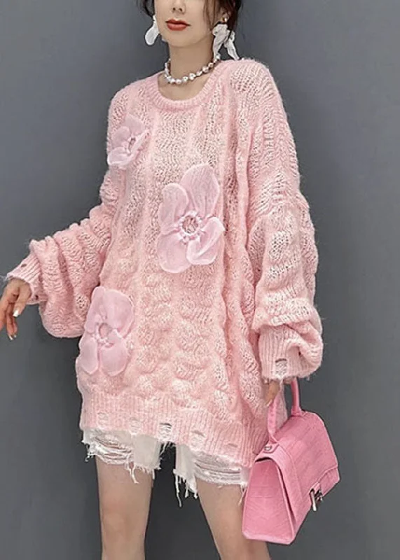 Women's Sheer Lace - Trimmed Sweater in Cream for a Delicate and Elegant AppearanceBeautiful Pink Oversized Hollow Out Applique Knit Sweater Tops Women's Sheer Lace - Trimmed Sweater in Cream for a Delicate and Elegant AppearanceBeautiful Pink Oversized Hollow Out Applique Knit Sweater Tops
