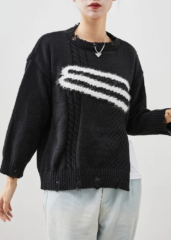 Women's Sheer Lace - Trimmed Sweater in Cream for a Delicate and Elegant AppearanceCasual Black Side Open Knit Ripped Sweaters Winter Women's Sheer Lace - Trimmed Sweater in Cream for a Delicate and Elegant AppearanceCasual Black Side Open Knit Ripped Sweaters Winter