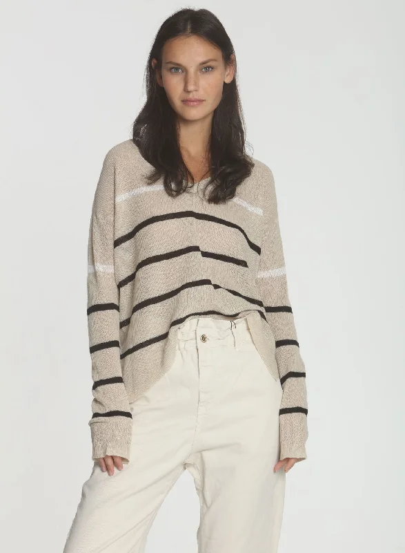 Plus Size Women's Fringe - Trimmed Sweater in Beige for a Boho - Inspired StyleHavana Rib Vee - Sand/black Plus Size Women's Fringe - Trimmed Sweater in Beige for a Boho - Inspired StyleHavana Rib Vee - Sand/black