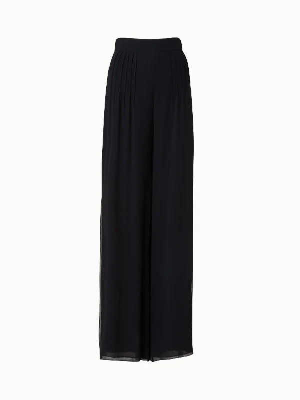 Tapered Leg Women's Wool Blend Trousers for WinterSilk Pleated Wide Leg Pants