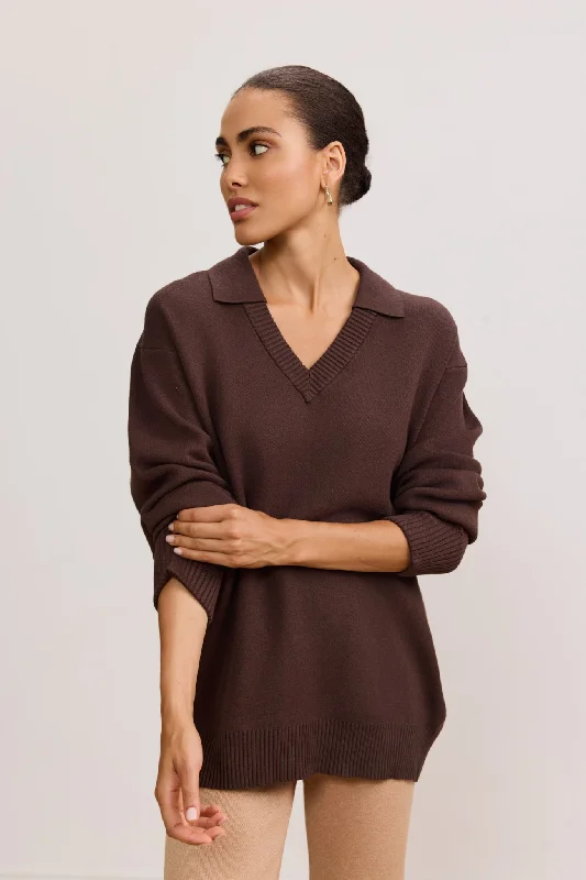 Plus Size Women's Embroidered Floral Patterned Sweater in White for a Spring - Inspired LookOLLY polo sweater - Chocolate Plus Size Women's Embroidered Floral Patterned Sweater in White for a Spring - Inspired LookOLLY polo sweater - Chocolate