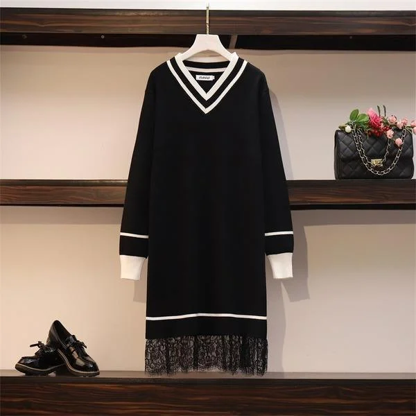 Patchwork Lace Sweater Dresses Women's Long Sleeve V Neck Mini Straight Ladies High Street Knitting Dresses Patchwork Lace Sweater Dresses Women's Long Sleeve V Neck Mini Straight Ladies High Street Knitting Dresses