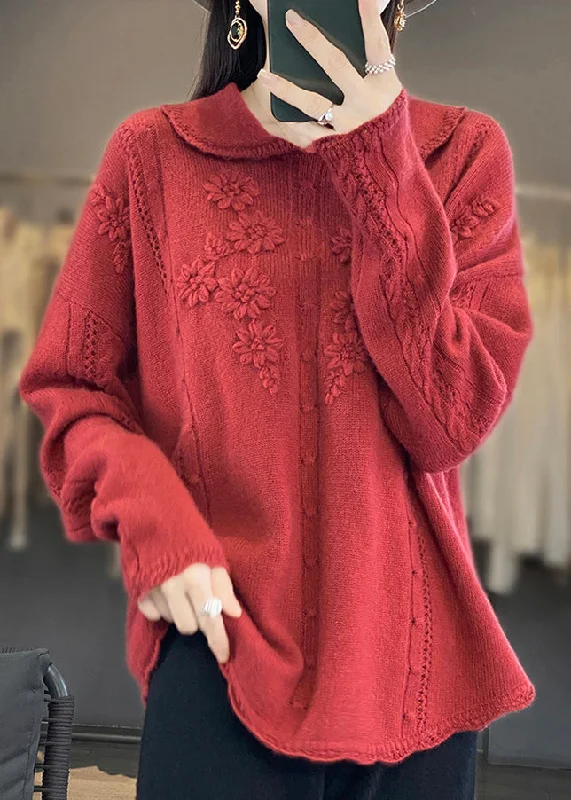 Women's Cable - Knit Sweater Dress in Brown for a Stylish and Comfortable One - Piece OptionRed Ruffled Patchwork Wool Sweaters Peter Pan Collar Long Sleeve