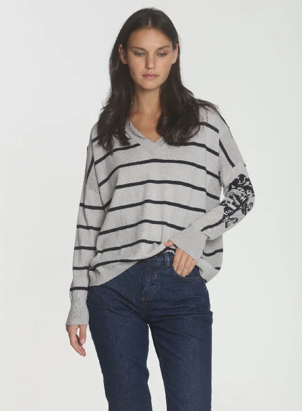 Plus Size Women's Off - Shoulder Ruffled Hem Sweater in Pink for a Feminine and Flirty LookRosie Stripe Vee - Fog/navy Plus Size Women's Off - Shoulder Ruffled Hem Sweater in Pink for a Feminine and Flirty LookRosie Stripe Vee - Fog/navy