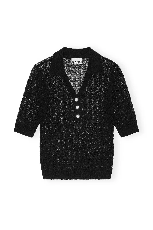 Shiny Pointelle Knit Short Sleeve Polo In Black