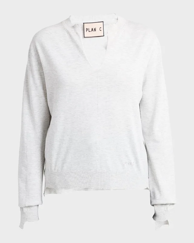 Split V-Neck Long-Sleeve Cashmere Sweater