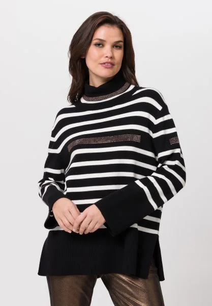 Plus Size Women's V - Neck Long - Sleeve Ribbed Cotton Sweater in Navy for a Classic StyleTuzzi Knitted Sweater With Lurex Stripes/Stones Plus Size Women's V - Neck Long - Sleeve Ribbed Cotton Sweater in Navy for a Classic StyleTuzzi Knitted Sweater With Lurex Stripes/Stones