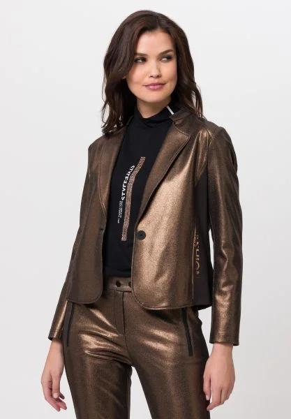Plus Size Women's Open - Front Cardigan Sweater in Burgundy with Buttons for a Stylish LayerTuzzi Bronze Metallic Long Sleeved Jacket Plus Size Women's Open - Front Cardigan Sweater in Burgundy with Buttons for a Stylish LayerTuzzi Bronze Metallic Long Sleeved Jacket