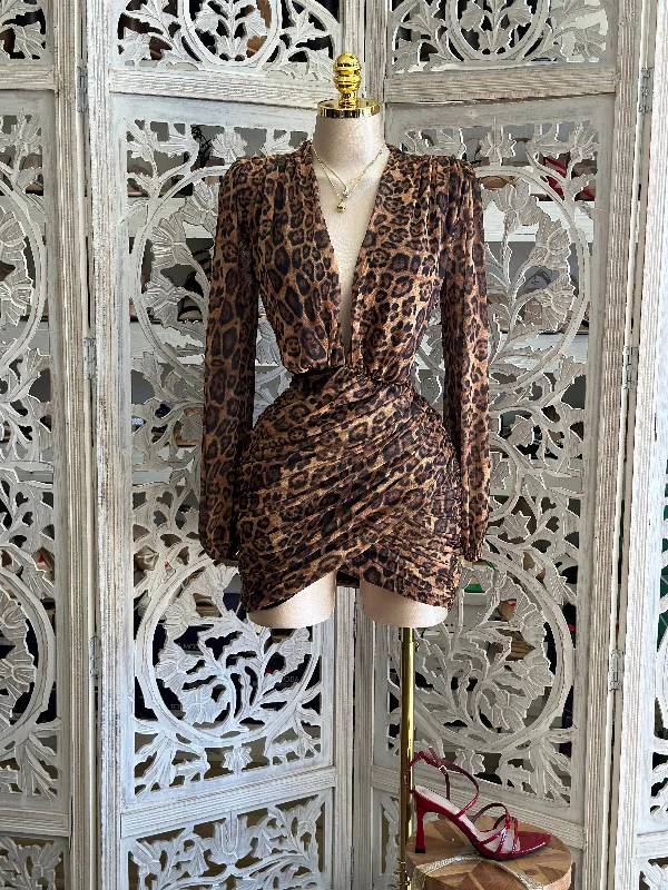 Deep V Wrapped Cheetah Mini Dress- Stretchy, Estira