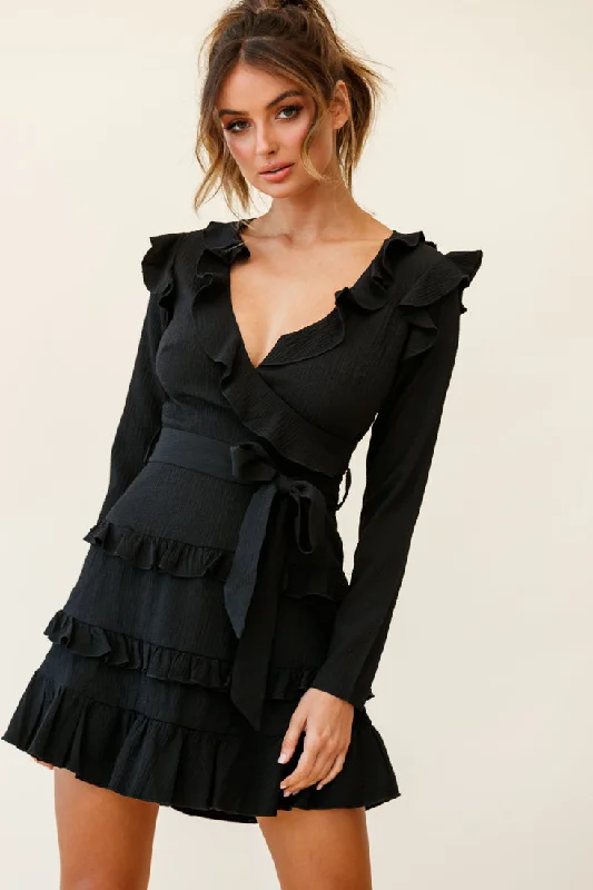 Jemirah Ruffle-Trimmed Long Sleeve Frill Dress Black