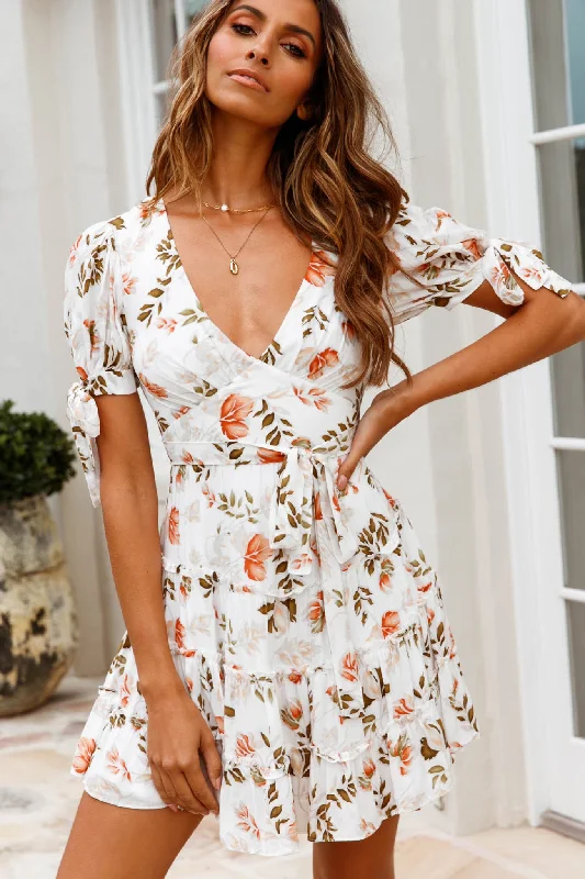 Jocelyn Short Sleeve Tied Cuff Layered Ruffle Dress Floral Print White