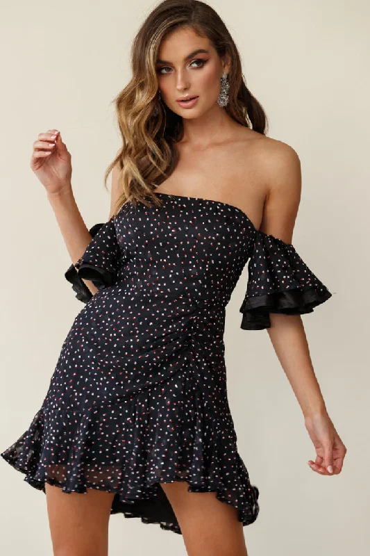 Lure Off-Shoulder Ruched Dress Speckle Print Black