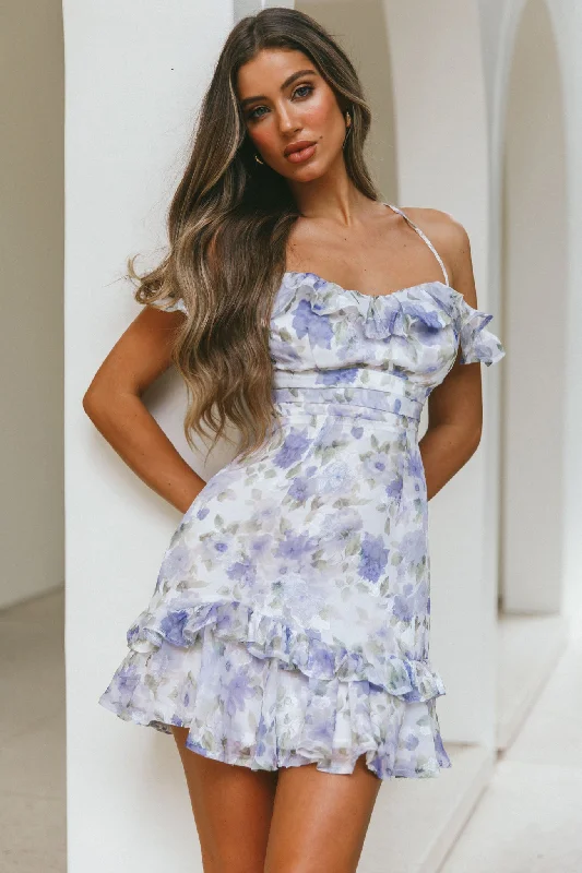 Matilda Frill Trim Off-Shoulder Mini Dress Floral Print Blue