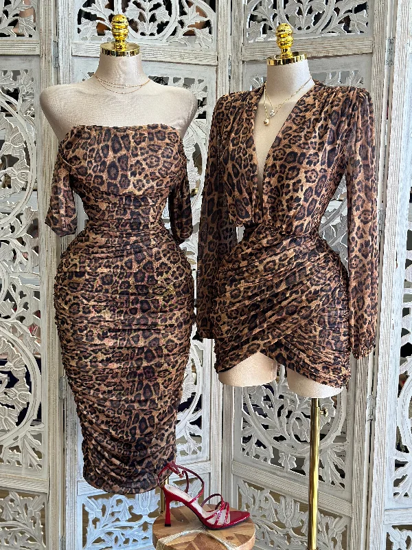 Off Shoulder Ruched Cheetah Midi Dress- Stretchy, Estira